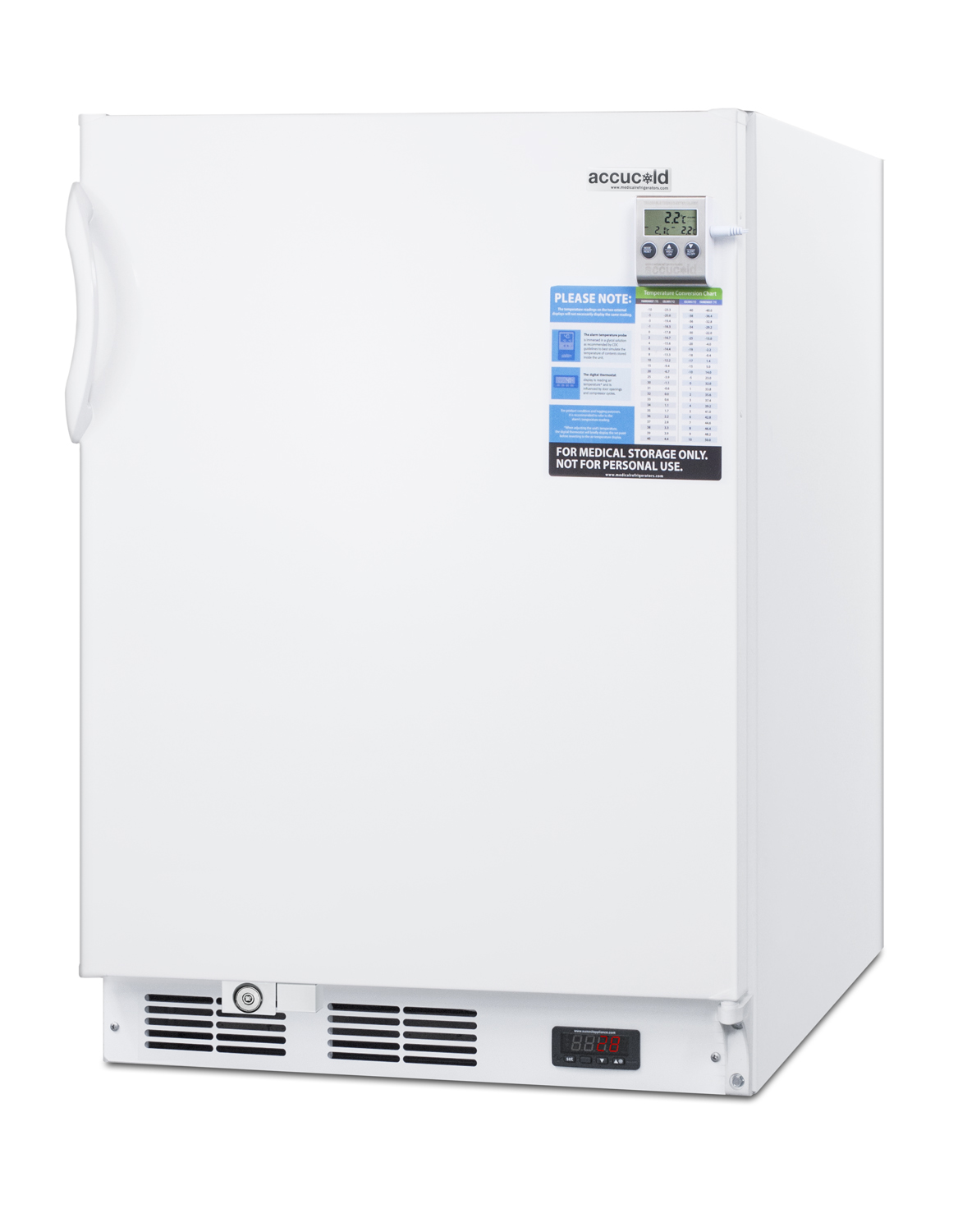 Built-in ADA undercounter medical all-refrigerator for temperature stable medical storage, with interior basket drawers, internal fan, lock, and more